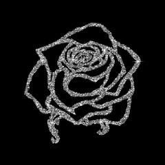 Rose sketch. Flower design glitter outline. Vector illustration. Elegant floral outline design. Silver symbol isolated on black background. Abstract rose. Good for design, logo or decoration