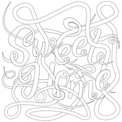 Lettering - sweet home, design elements for adult coloring book, outline