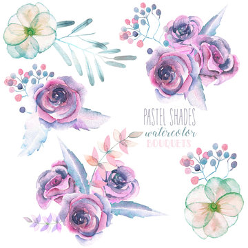Set with isolated watercolor floral bouquets from purple roses and leaves, hand drawn on a white background