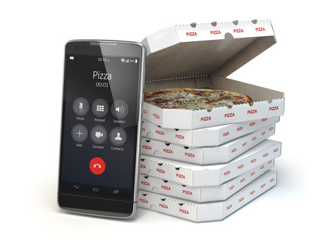 Mobile Pizza Ordering And Delivery Concept. Smartphone And Pizza