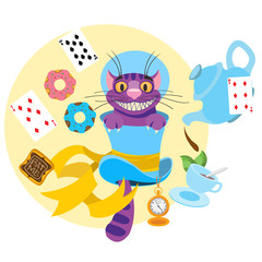 Cheshire cat in a hat and a variety of treats for tea. Illustration to the fairy tale Alice's Adventures in Wonderland.