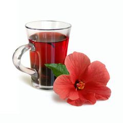 red hibiscus tea drink and flower isolated on white background