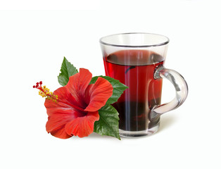 red hibiscus tea drink and flower isolated on white background