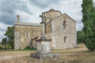 Fototapeta na wymiar Image of the Romanesque church of Saint Pierre in Larnas, France from the twelfth century