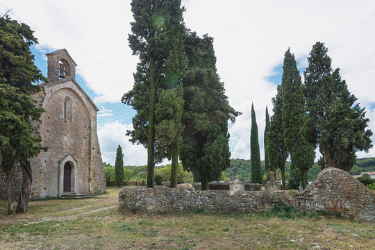 Image of the Romanesque church of Saint Pierre in Larnas, France from the twelfth century

