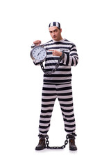Man prisoner with clock isolated on white