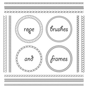 Set of round vector frames from rope isolated on white background. Collection of thick and thin brushes to design frames, borders and divider simulating a braided rope. The brush included in the file