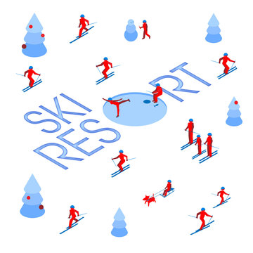 Skier has left a trace in the form of words 'Ski Resort'. With lot of people skiing around. Athlete write letters on the snow - vector image clip art. Isometric 3D logo concept on white background.