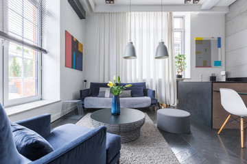 Living room with upholstered sofa