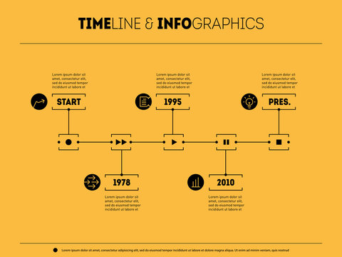 Timeline infographic with icons and buttoms - record, rewind, pl