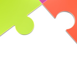 3D Illustration of colorful puzzle pieces isolated over white background.