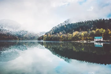 Foto op Aluminium Lake and autumn Forest Landscape Travel foggy serene scenic view wild nature moody weather © EVERST