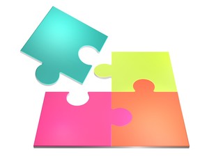 3D Illustration of colorful puzzle pieces isolated over white background.