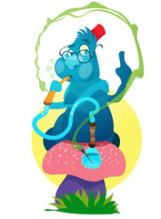 Blue Caterpillars on a magic mushroom. Illustration to the fairy tale Alice's Adventures in Wonderland.