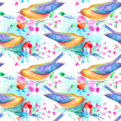 Seamless pattern of a bird and flowers. Poppy, bluebell, lavender, cornflower, berry, chamomile and daisy. Watercolor hand drawn illustration.White background.