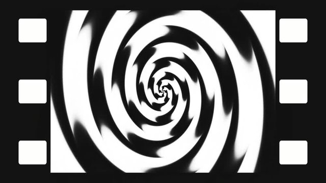 Animated abstract illustration of black and white spirals rotating in film simulated frame. Black and white animation, seamless loop