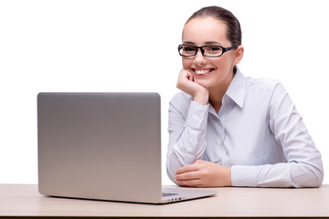 Businesswoman working at her desk on white background