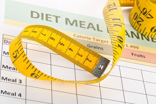 Dieting weight loss concept - measurement tape on meal planning