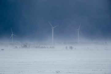Alternative energy wind turbines in a snow storm