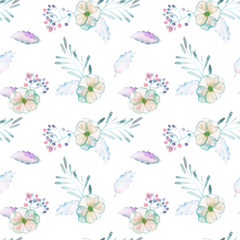 Seamless pattern with watercolor tender mint and purple flowers and plants, hand drawn on a white background