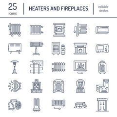 Oil heater, fireplace, convector, panel column radiator and other house heating appliances line icons. Home warming thin linear pictogram such as kotatsu, Russian oven. Equipment store signs.