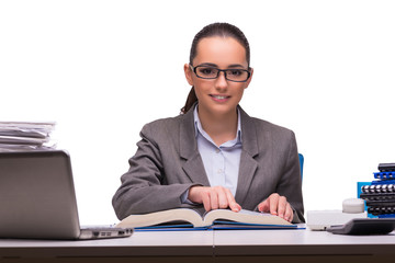 Young businesswoman in office isolated on white