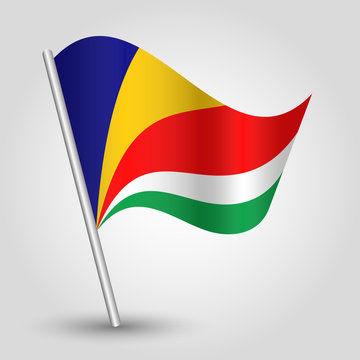 vector waving simple triangle seychelloise flag on slanted silver pole - icon republic of seychelles with metal stick