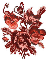 Bouquet of flowers (poppies and pansies) using traditional Ukrainian embroidery elements. Can be used as pixel-art. Brown tones.
