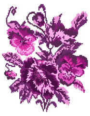Bouquet of flowers (poppies and pansies) using traditional Ukrainian embroidery elements. Can be used as pixel-art. Violet tones.