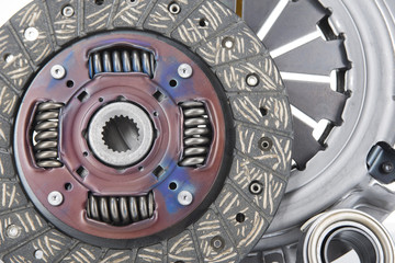 Car parts. Clutch disk, basket, bearing closeup