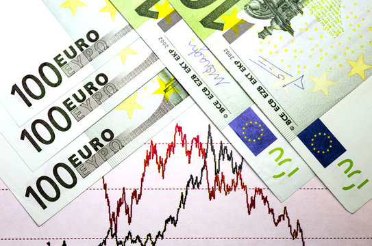 Angled hundred euro bills lying on stock market prices chart. Red and black lines on the graph. Concept of stock market trading. Close up image.
