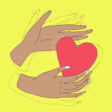 Hands holding red heart hand drawn vector illustration. Cute simple style minimalistic illustration with human hands and beautiful vivid pink heart. Romantic Valentines day card