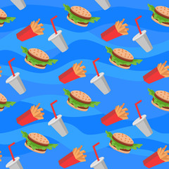 Fast food seamless pattern with cheeseburgers vegetables, french fries, soda