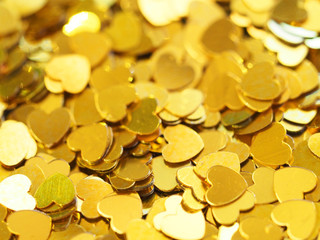 Gold hearts, Valentine's Day blured background, love holiday confetti