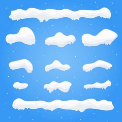 Snow caps, snowballs and snowdrifts set. Winter decoration element. Snowy elements on blue background. Cartoon template. Snowfall and snowflakes in motion.Vector Illustration.