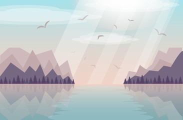 Mountains landscape vector illustration. Mountaineering and Traveling. Abstract image of a sunset or dawn sun over at the background  river,sea or lake at the foreground.