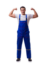 Handsome repairman wearing coveralls isolated on white