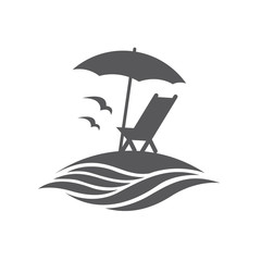 emblem of summer vacation with reclining chair and umbrella on island © Alexkava