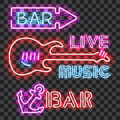 Set of glowing bar neon signs