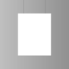 Realistic blank white paper poster hanging on wall mockup. Template page of banner for exhibition. Vector illustration.