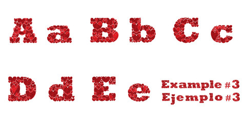 Letters A, B, C, D, E, uppercase and lowercase of alphabet made from hearts