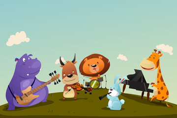 Animals Playing Music Instrument in a Band