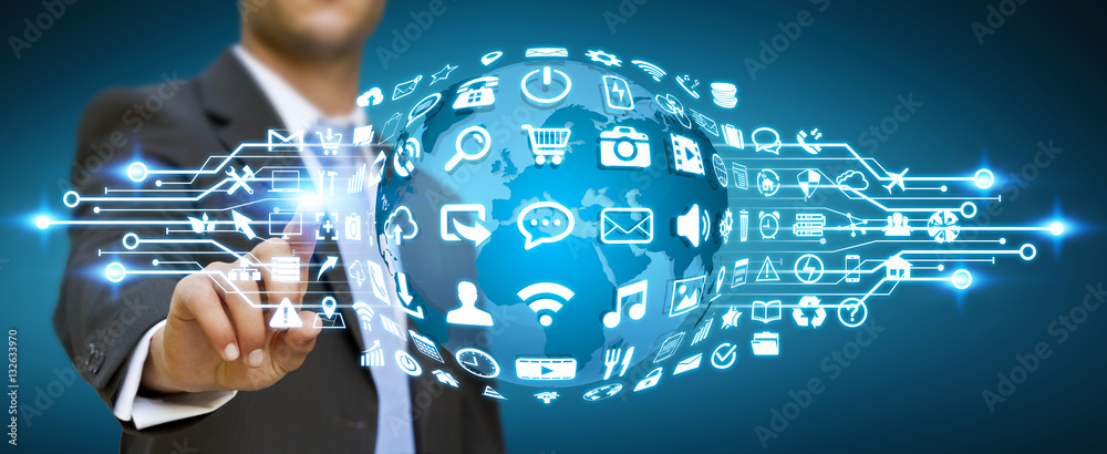 Poster businessman using digital world with web icons