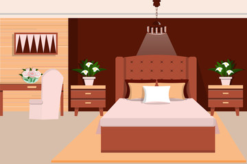 Interior bedroom furniture bed, bedside table, table, chair, chandelier and flowers. Flat style. Vector illustration - 132635101