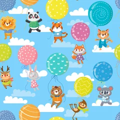 Tapeten Tiere mit Ballon Nahtloses Muster mit bunten Luftballons und niedlichen Tieren. Vektor-Illustration.