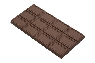 Sweet dark chocolate bar with embossed large rectangular sections. Isolated on a white background. Top side view.