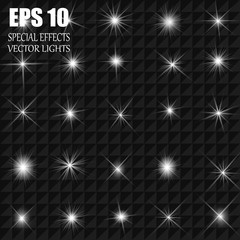 Glowing lights, stars and sparkles. Isolated on black transparent background. Vector illustration