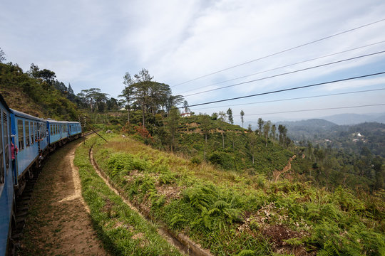 Train from Ella to Kandy among tropical mountains. Sri Lanka