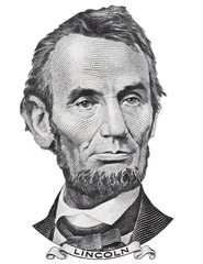 US president Abraham Abe Lincoln face portrait on USA 5 dollar bill closeup isolated, United States of America money close up. - obrazy, fototapety, plakaty
