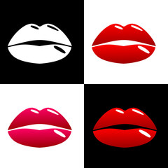 Beautiful lips pop art style. The pattern of square pieces in cl